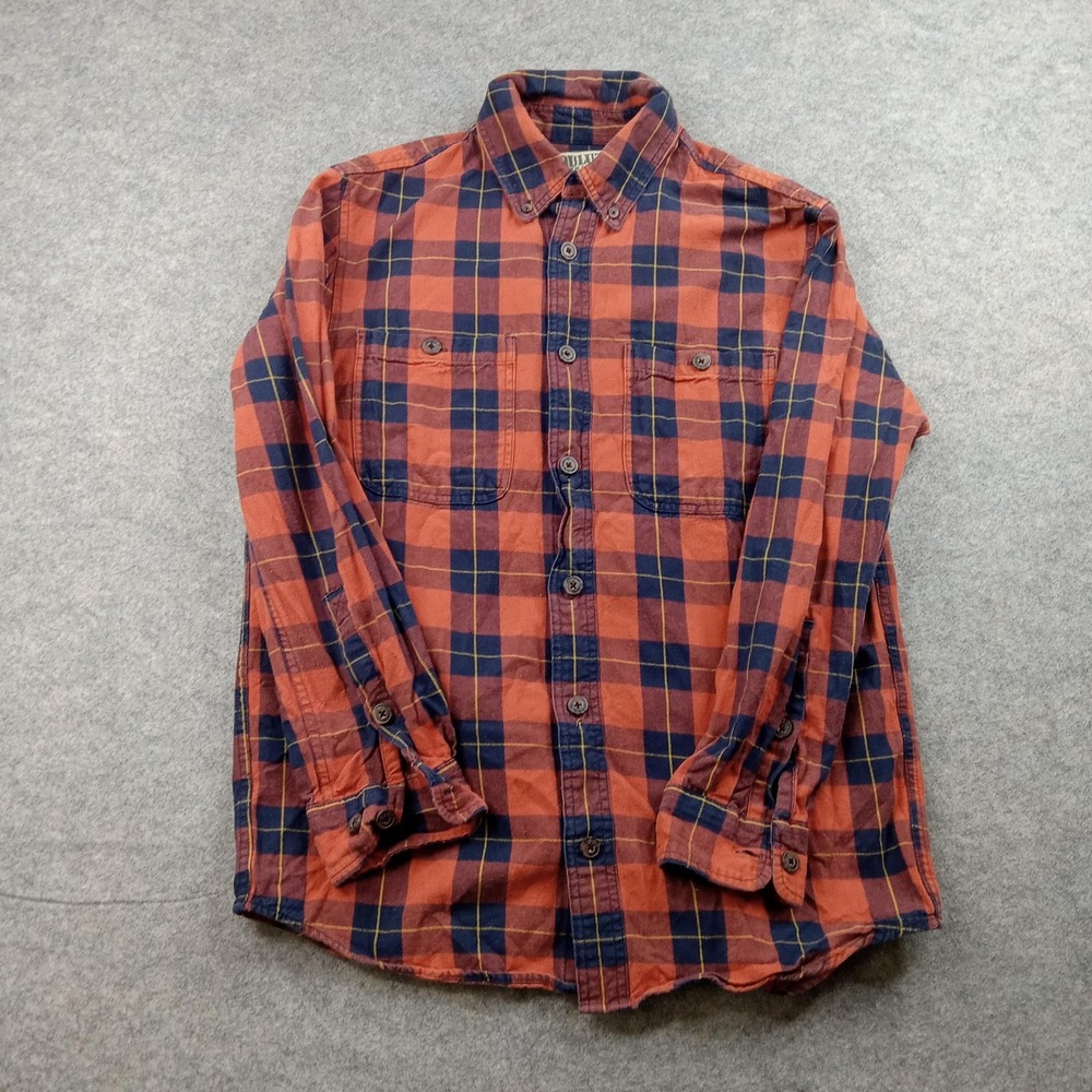 Duluth Trading Shirt Mens Medium Orange Navy Plaid Flannel Button Front